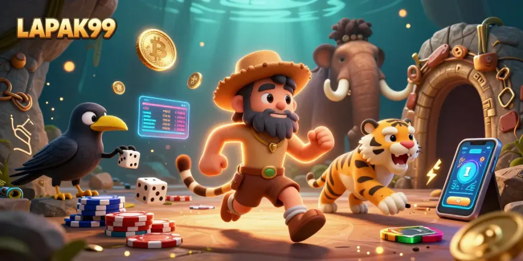 LAPAK99 showcases a vibrant prehistoric casino scene with playful characters and crypto elements