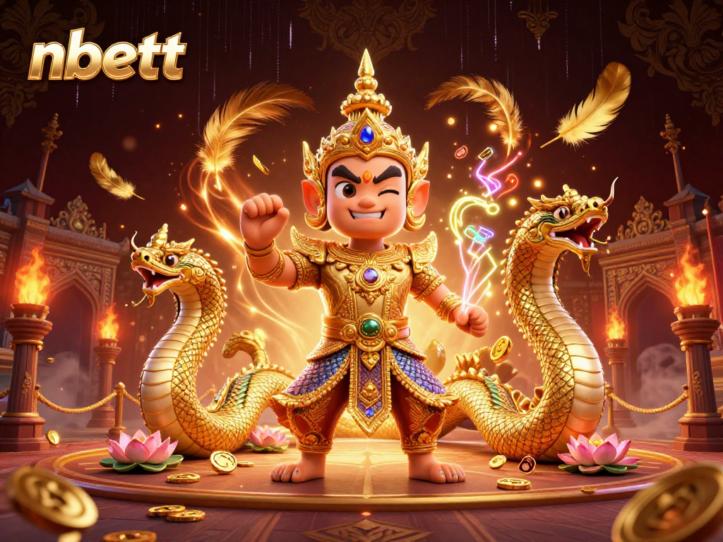 Engage with nbett's dynamic gaming experience featuring Thai guardian characters amidst golden casino elements.