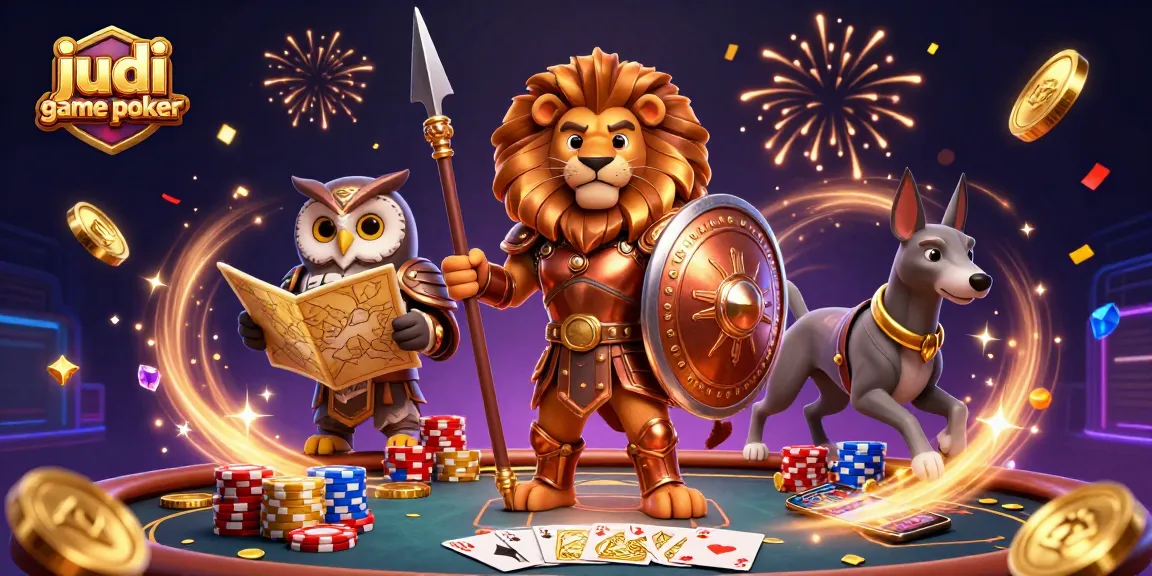 Experience the thrill of judi game poker with a vibrant 3D illustration of a heroic lion and dynamic game elements.