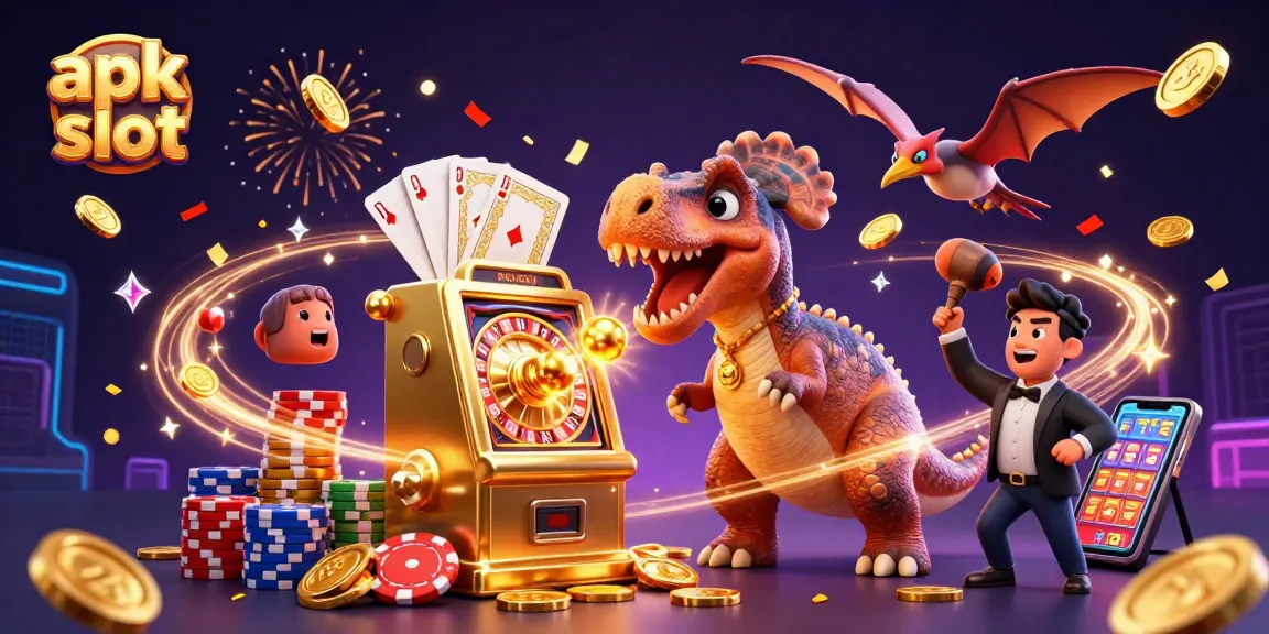 Visualisasi kasino dengan apk slot yang menggambarkan dinosaurus merobek mesin slot emas dan uang koin bertebaran.