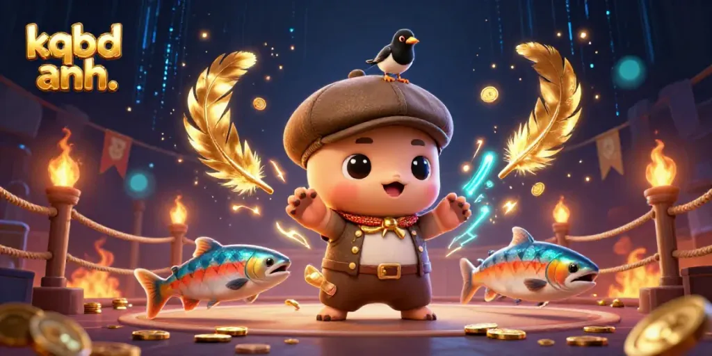 Engaging action scene with kqbd anh. featuring a cute Nessie, magpie, and salmon amid vibrant gambling elements.