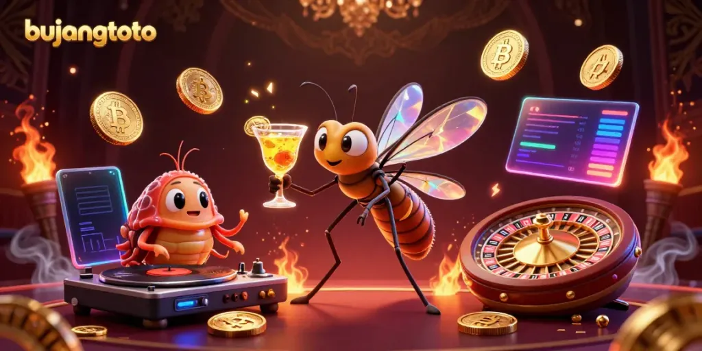 Experience the thrill at bujangtoto with a dynamic casino mascot and vibrant gaming elements.