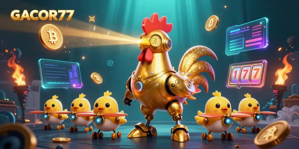 Permainan GACOR77 dengan robot ayam emas futuristik dan drone bayi mengelilingi koin crypto.