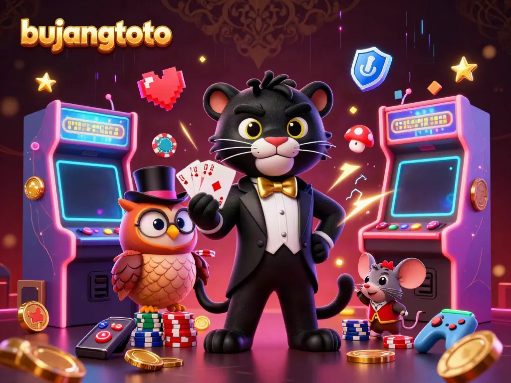 Bujangtoto showcases a stylish panther dealer and an owl with poker chips in an exciting casino scene.