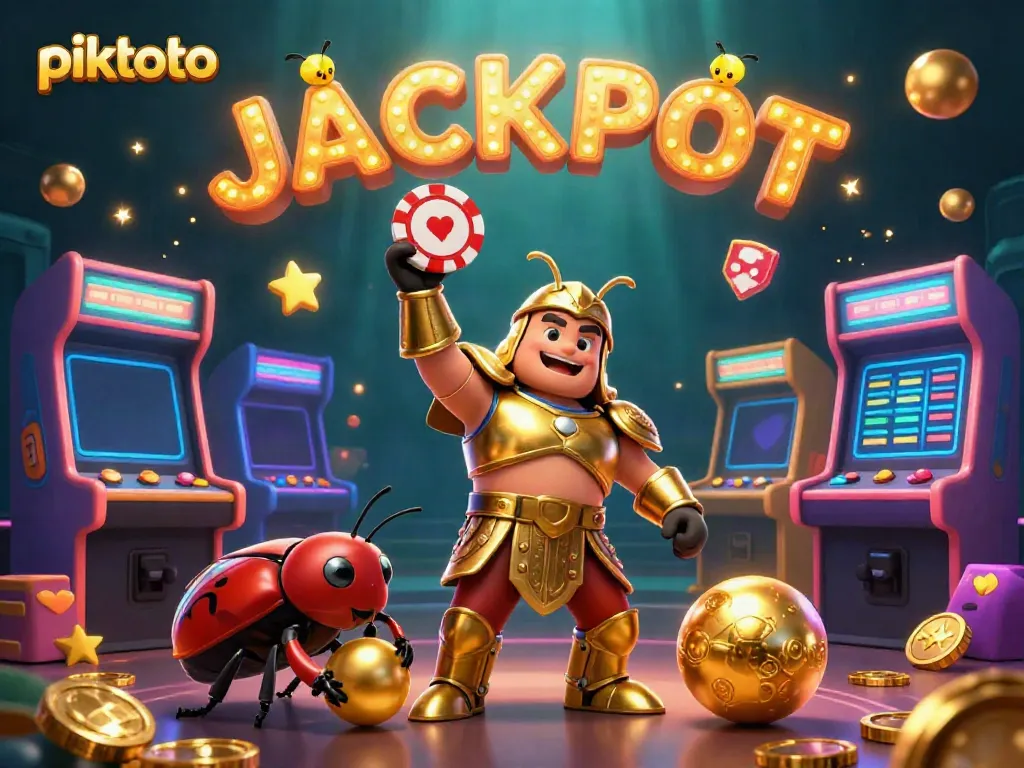 Piktoto Jackpot celebration scene with cartoon beetles and casino elements.