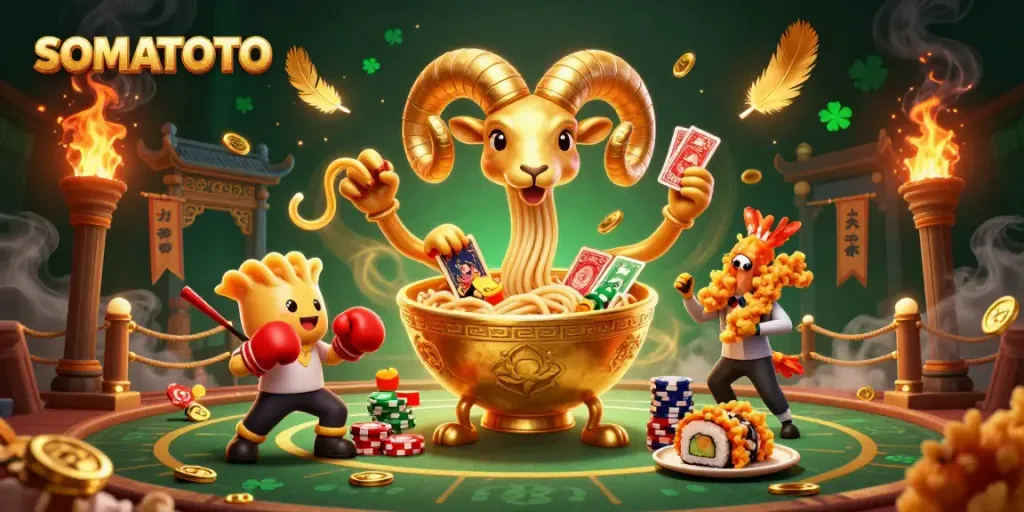 SOMATOTO showcases a vibrant 3D illustration of a giant ramen bowl dealer surrounded by animated casino elements.