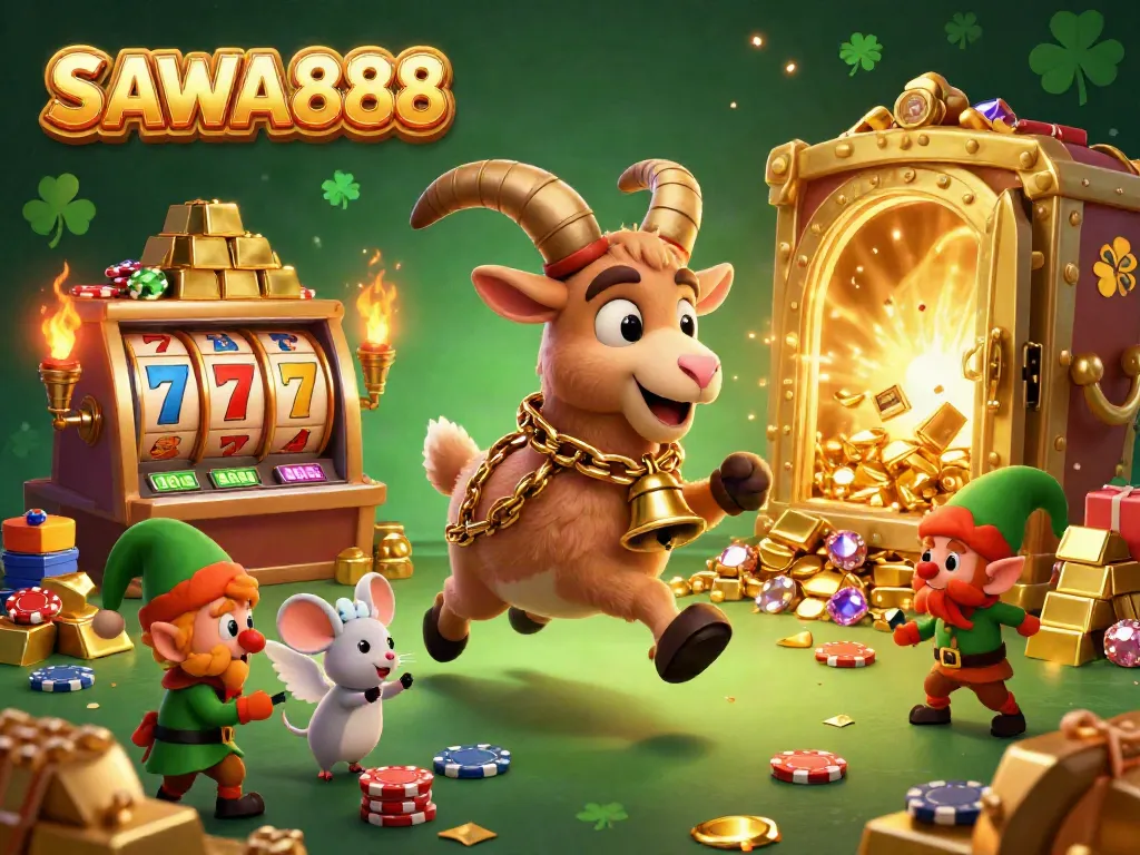 Experience the lively SAWA888 casino with Krampus goat and mischievous characters enjoying slots and treasures.