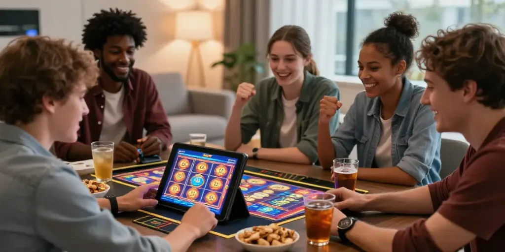 Grup teman sedang bermain slot depo 10k di tablet, suasana meriah dan ceria