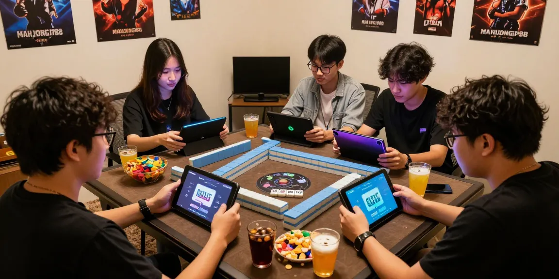 Friends enjoying a competitive Mahjong game with MAHJONGJP88 dengan deposit QRIS on digital devices, surrounded by snacks.
