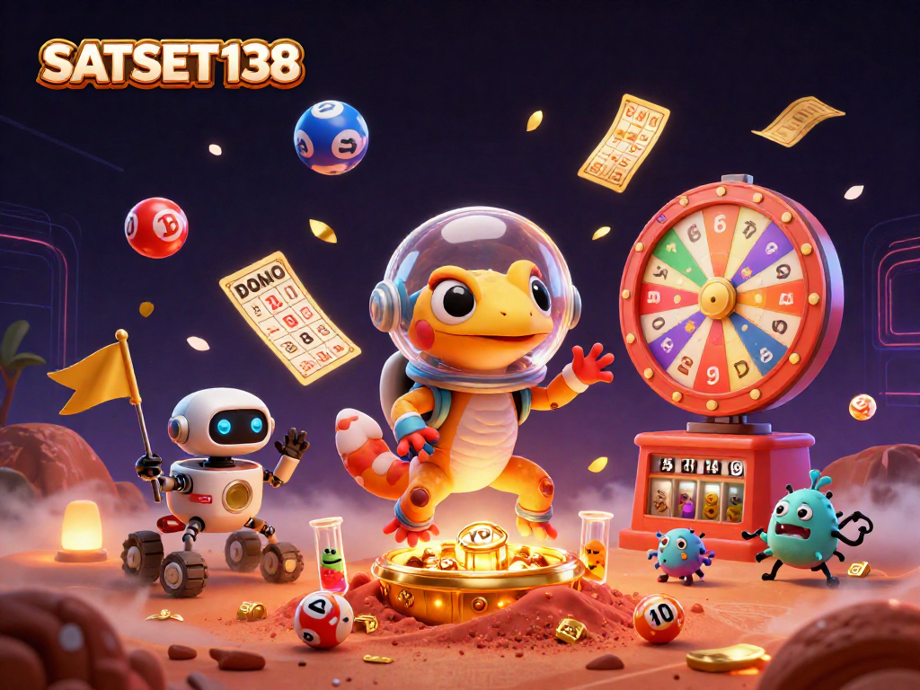 SATSET138 menampilkan gecko luar angkasa bermain slot dalam kasino emas di Mars, dikelilingi bola lotre berwarna-warni.