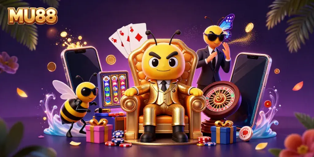 Experience thrilling gameplay at MU88 with an engaging cartoon scene showcasing a bumblebee mob boss, wasp bodyguards, and gaming elements.