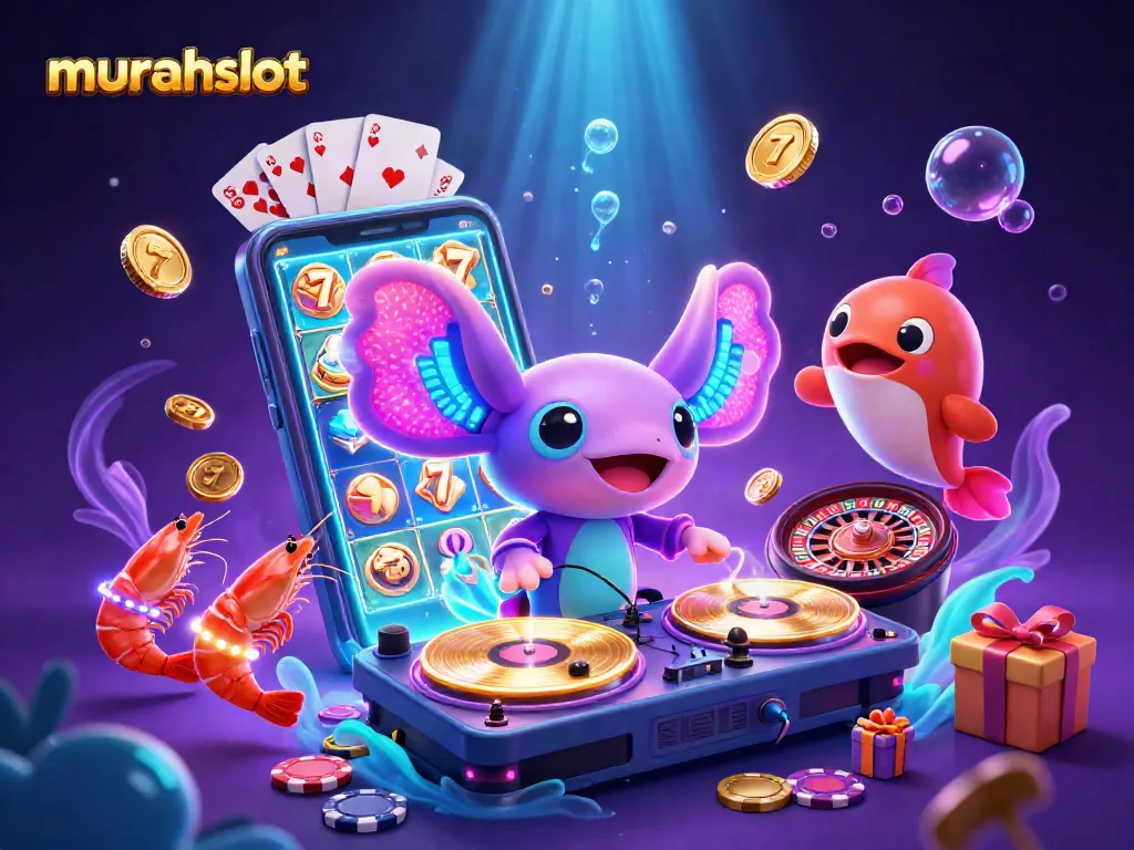Engage in exciting gameplay at murahslot with vivid slot reels, dynamic casino elements, and colorful creatures.