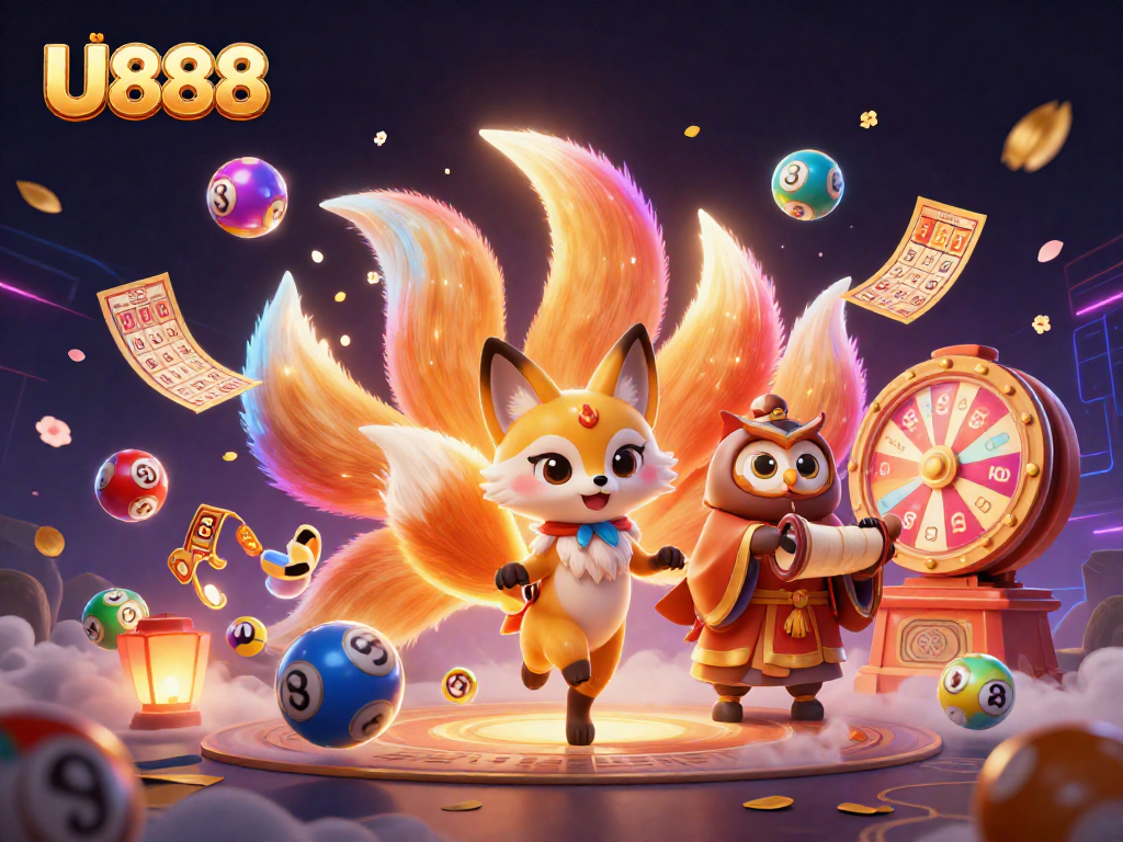 Engage with U888's vibrant online lottery experience, featuring colorful balls and enchanting spirits.