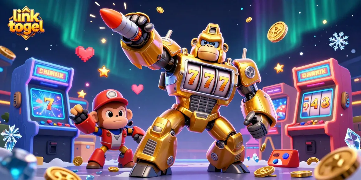 Experience the thrill of link togel with an exciting scene featuring a golden gorilla mech and colorful gaming elements.