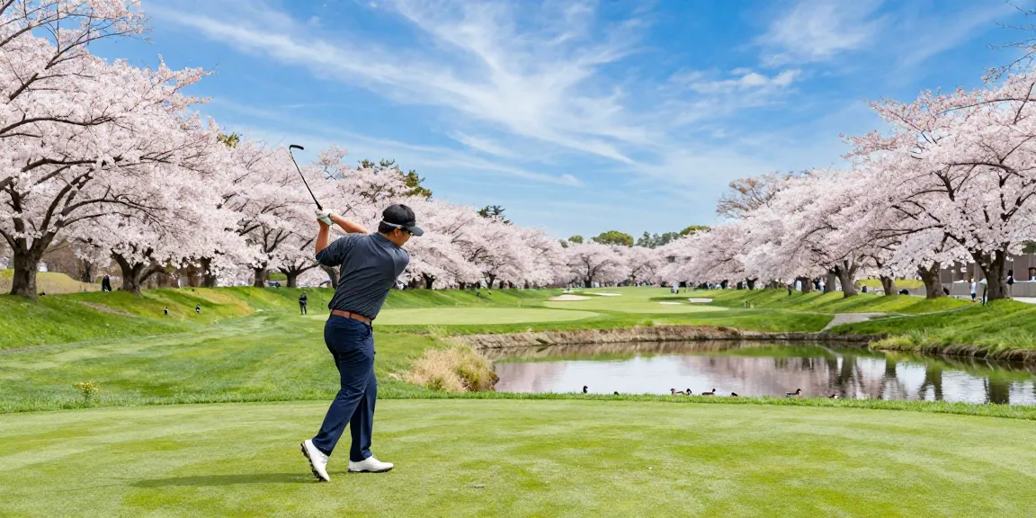 Golfer melakukan ayunan di lapangan golf Kato City, bro178, dikelilingi bunga sakura dan suasana damai.