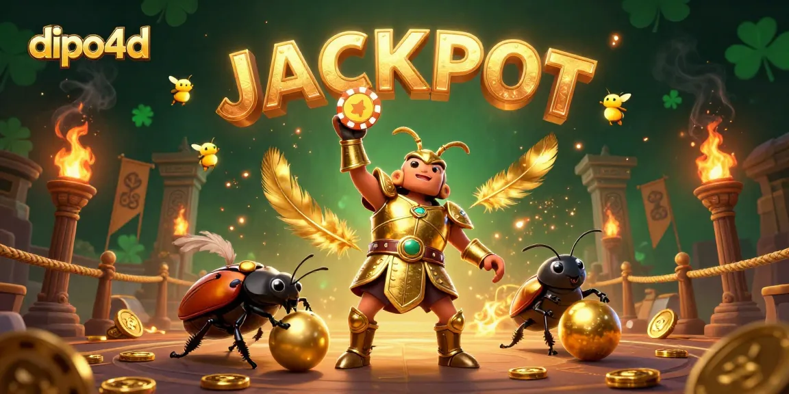 Spin and win at dipo4d with a victorious beetle champion celebrating a poker chip jackpot!