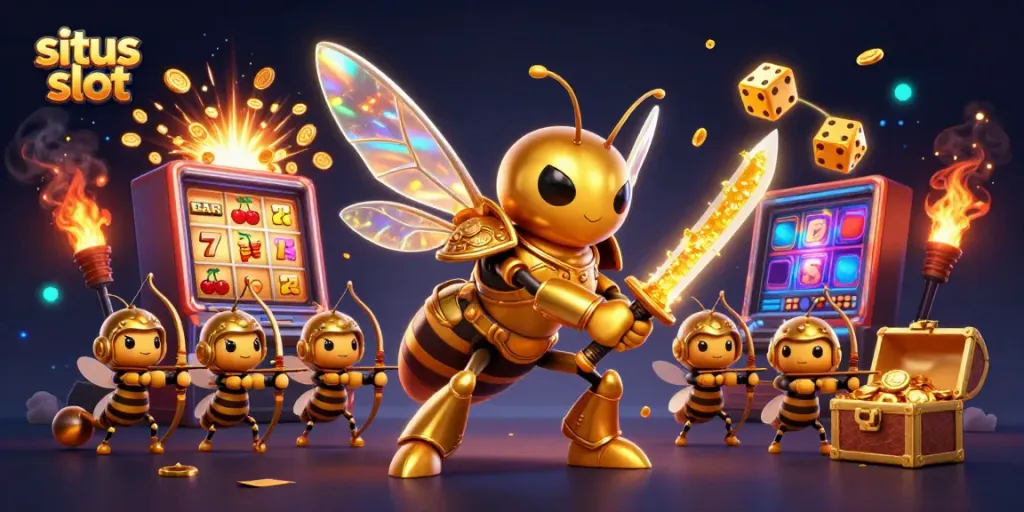 Experience situs slot excitement with a vibrant 3D illustration showcasing jackpot-winning characters.