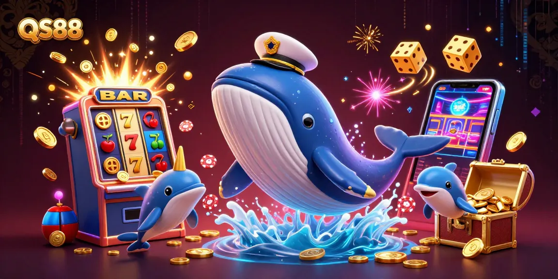 Join the fun at QS88 with a whimsical scene of gambling and celebration featuring a playful whale and fish!