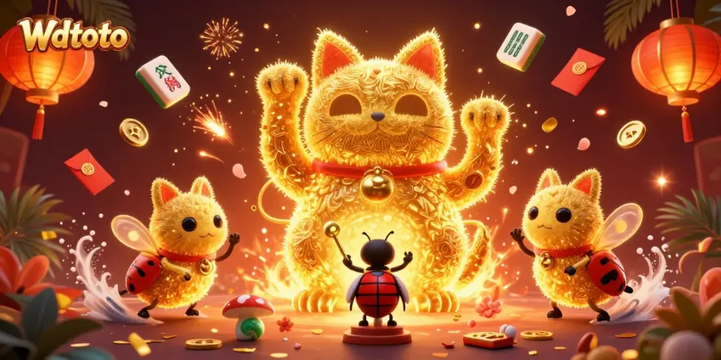 Memenangkan hadiah besar di Wdtoto dengan keberuntungan kucing raksasa yang dikelilingi simbol-simbol kasino.