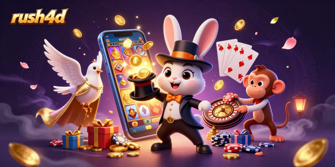 Raih kemenangan bersama rush4d, terlihat gambar kelinci penyihir menarik koin emas di bawah cahaya ini.