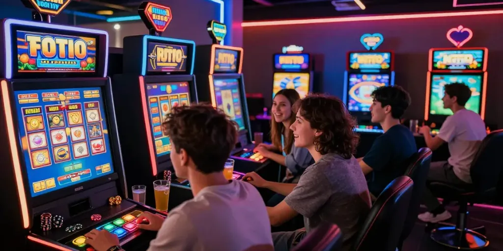 Suasana pemain asyik bermain toto slot di studio permainan dengan cahaya LED berwarna-warni.