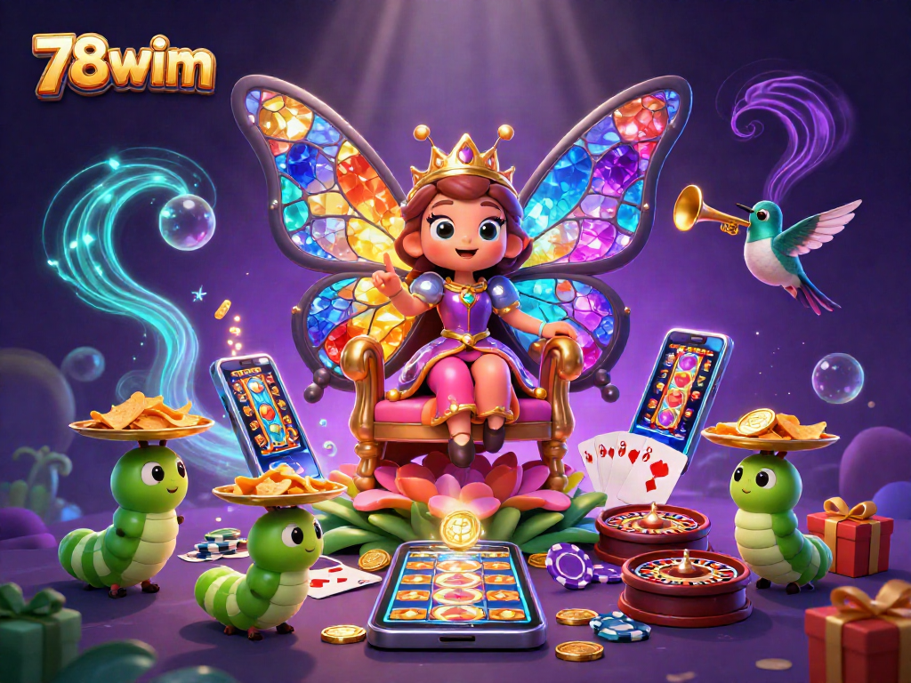 Engage with 78wim’s vibrant casino experience featuring a butterfly queen surrounded by slot games and golden coins.