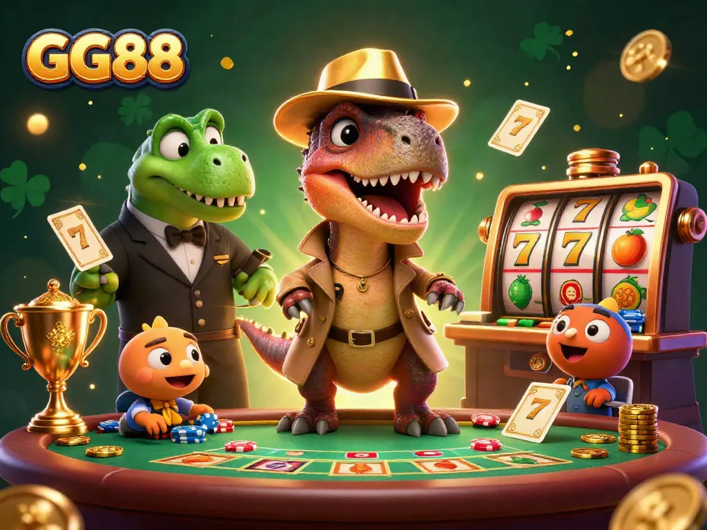 GG88 online casino scene illustrating a velociraptor card counter and a stegosaurus pit boss amidst slot game excitement.