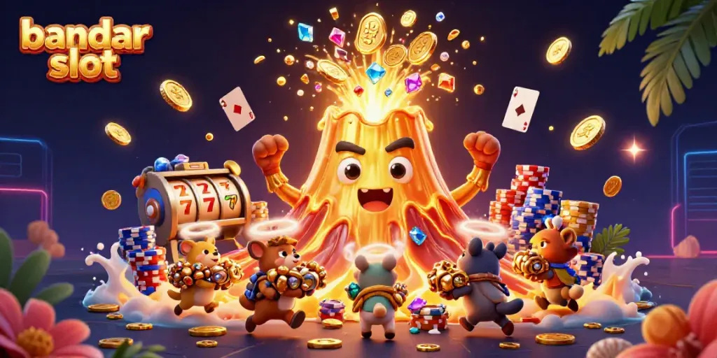 Menangkan permainan di bandar slot dengan tumpukan koin dan harta karun yang mengalir di sekeliling.