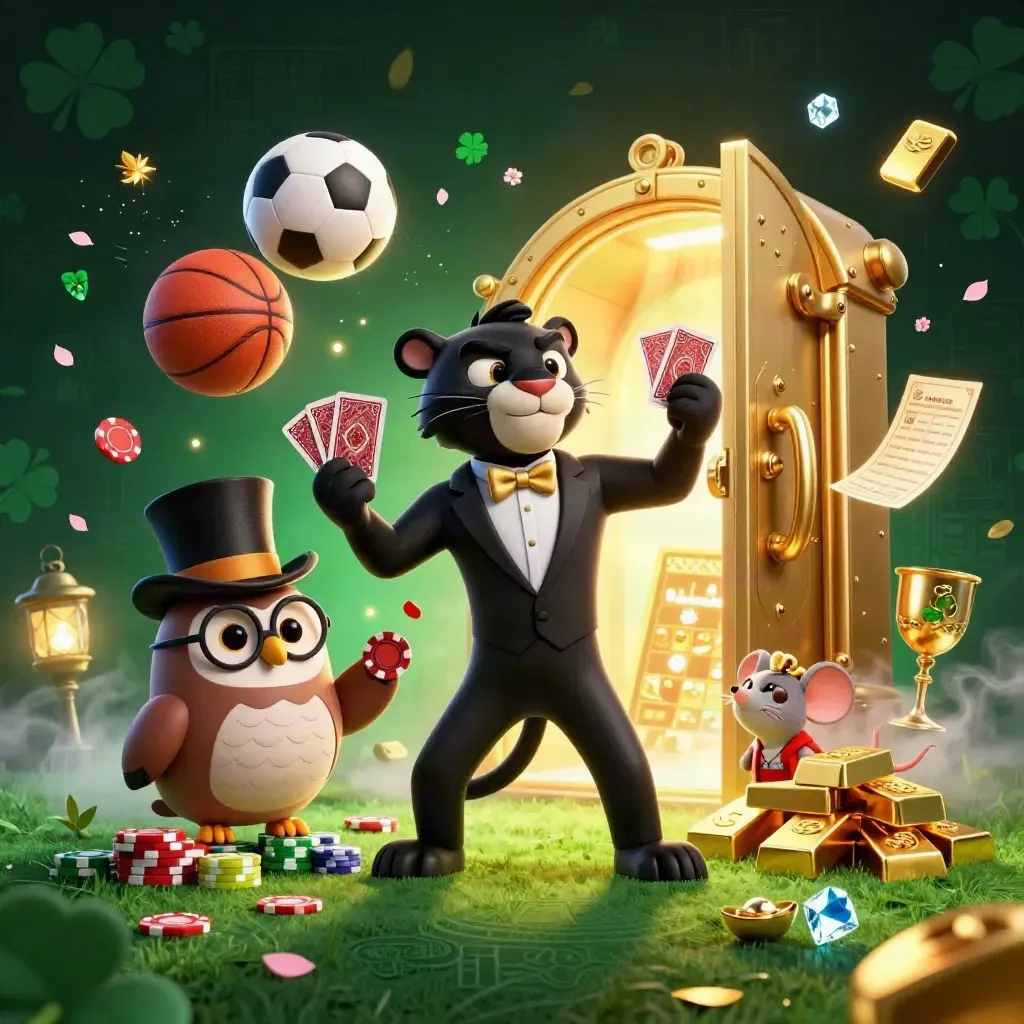 Macan, burung hantu, dan tikus kartun di ledakan bola, emas, dan cahaya kasino mewah.