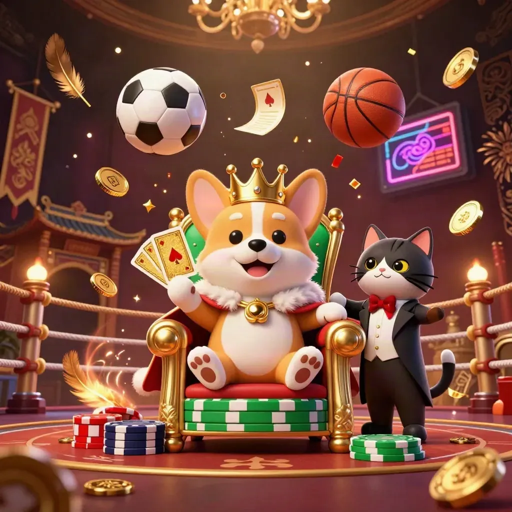 Kucing butler dan corgi mahkota di atas chip, bola olahraga dan kilau emas meledak.