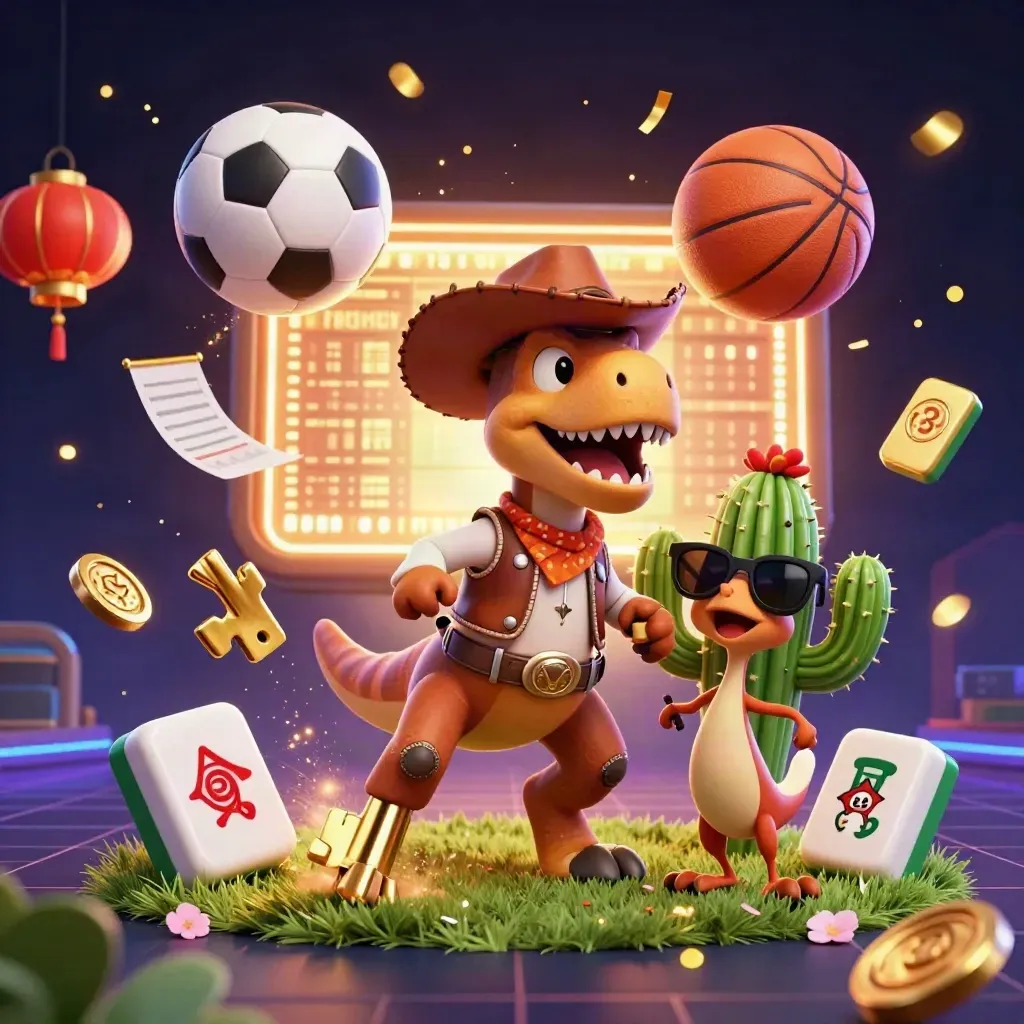 T-Rex koboi, kaktus, dan roadrunner dikelilingi bola, koin emas, lampion, dan kilau neon.