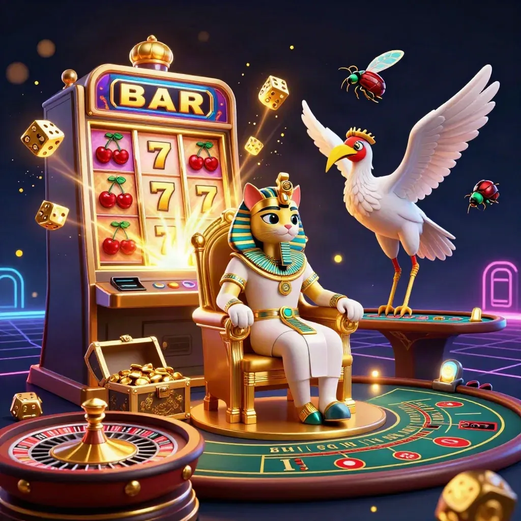 Kucing firaun kartun di singgasana emas, ibis, dan scarab di kasino neon mewah.