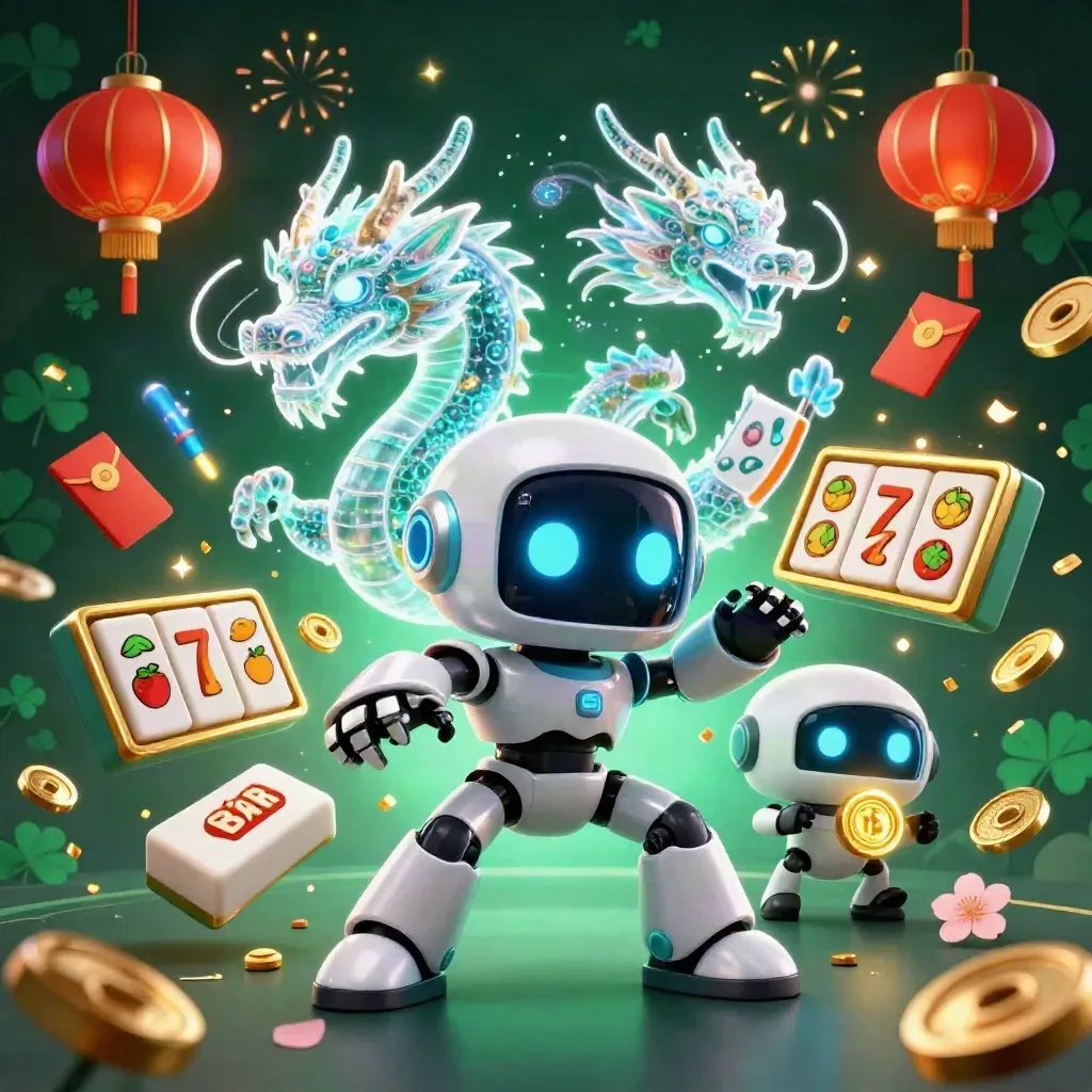 Robot cyberpunk, naga AI holografik, dan drone koin meledak di latar zamrud neon.