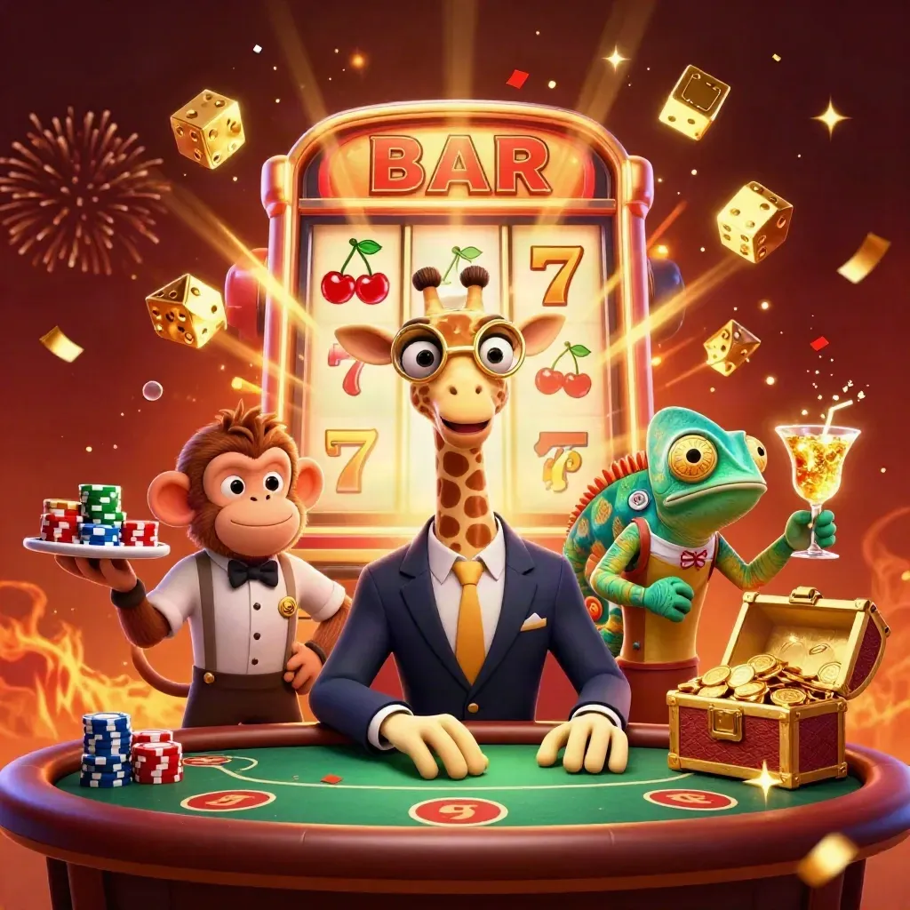 Jerapah high-roller, monyet pelayan, dan bunglon bartender di meja poker emas meledak dengan jackpot.