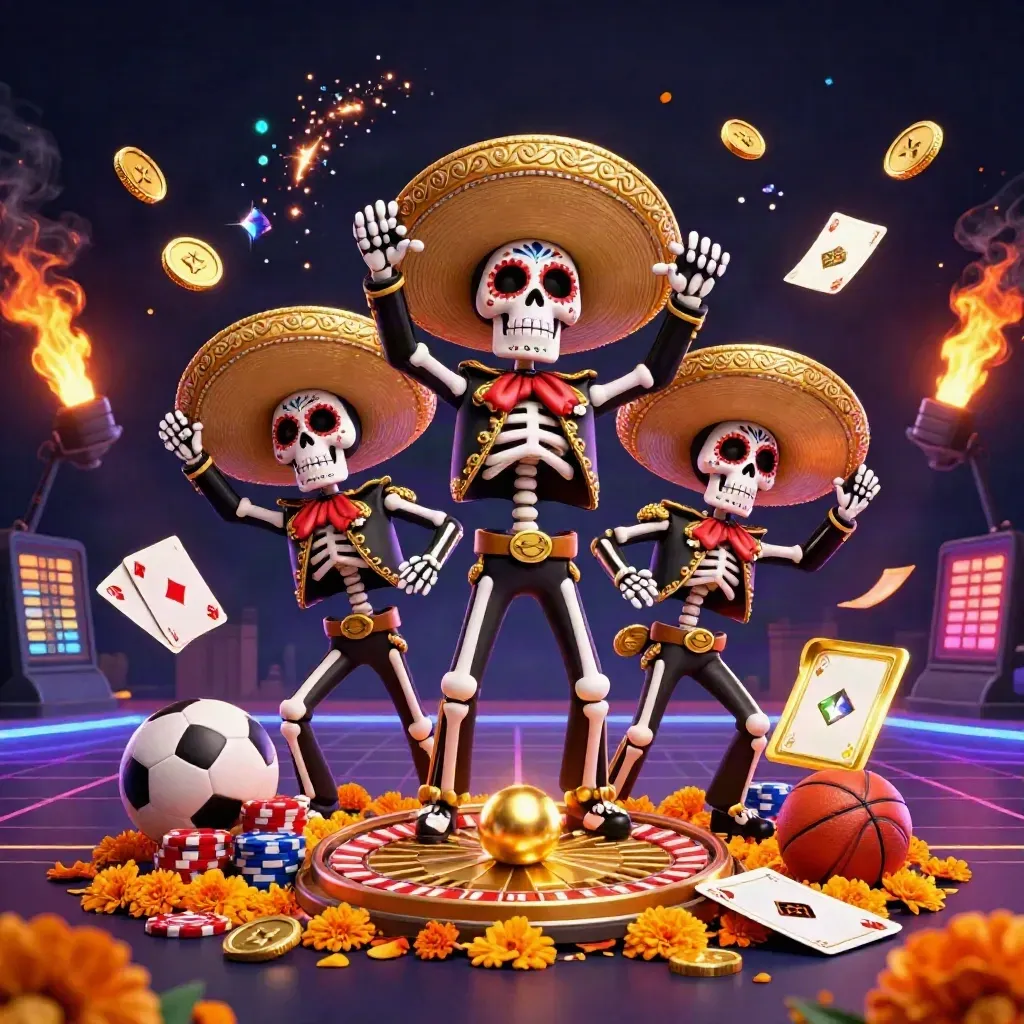 Tiga skeleton mariachi 3D dikelilingi koin emas, roda roulette, chip, dan efek neon premium.