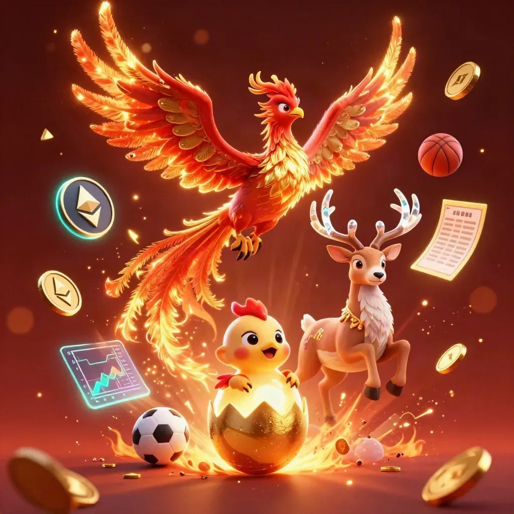 Phoenix, rusa kristal, dan bayi phoenix di tengah kilau emas, koin kripto, dan api.
