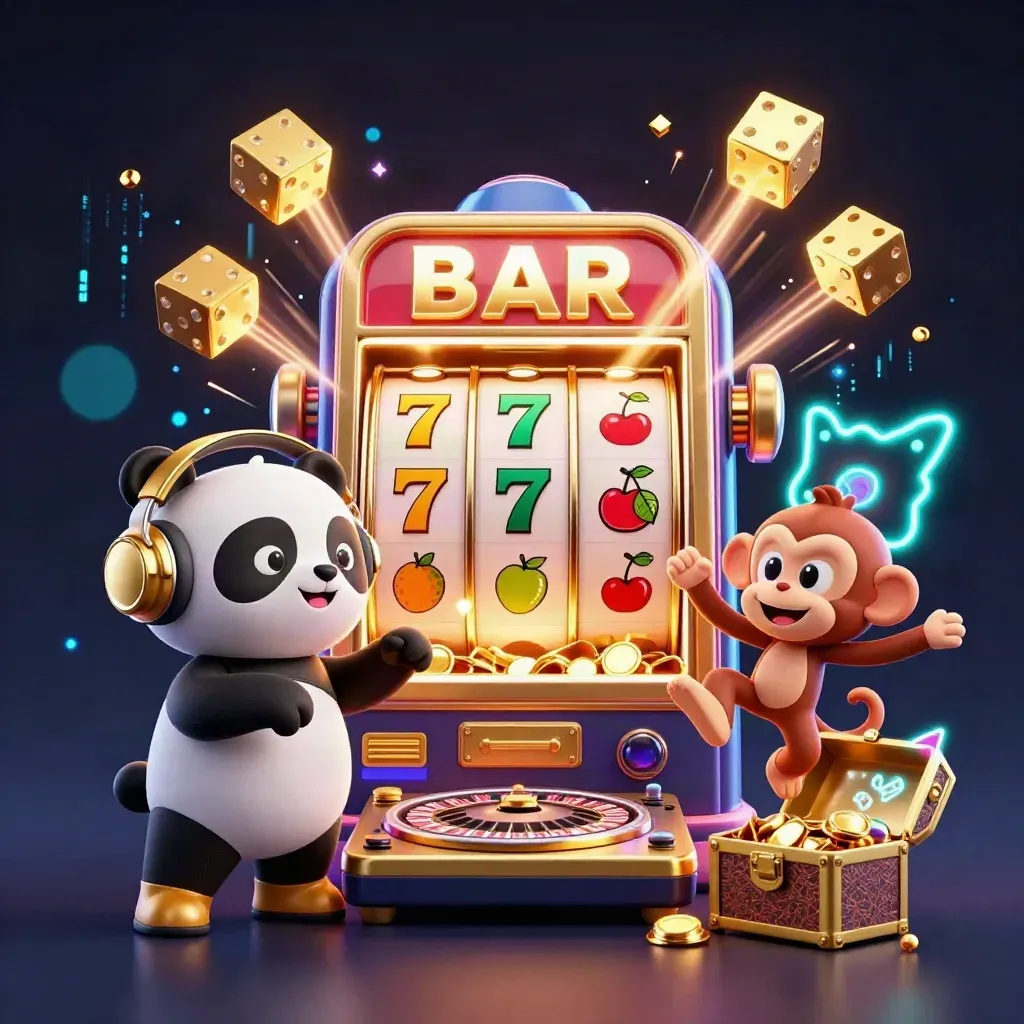 Panda DJ, monyet breakdance, dan kucing glow-stick di mesin slot emas neon.