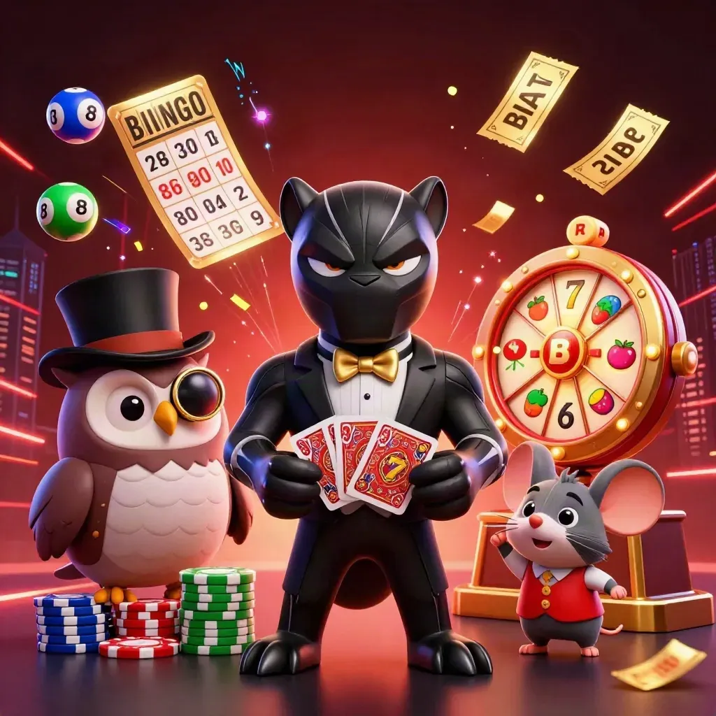 Panter tuxedo, burung hantu, dan tikus di latar kasino neon emas-emerald.