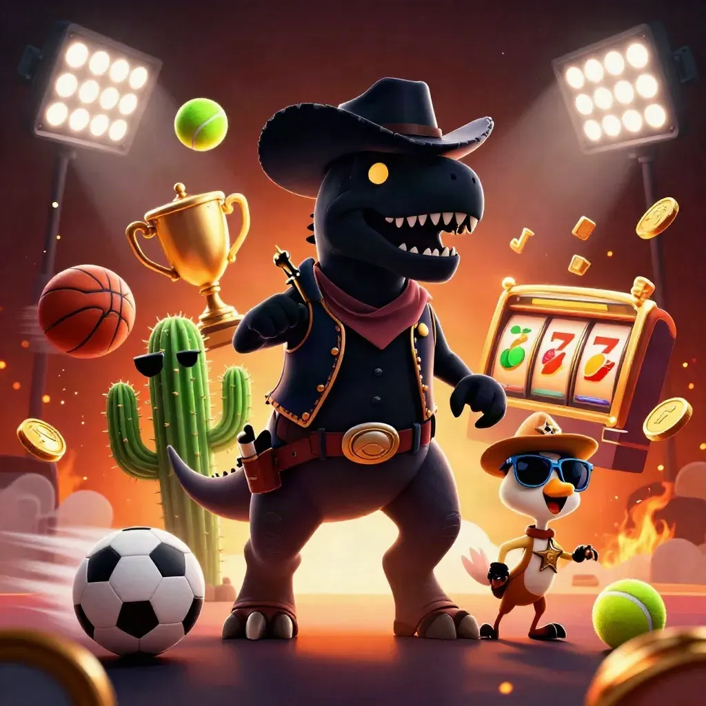 T-Rex koboi, kaktus berkacamata, dan roadrunner di ledakan koin dan lampu stadion.