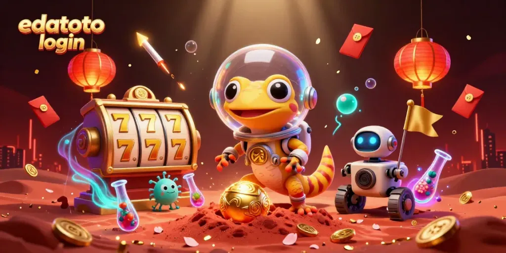 Visualisasi dinamis edatoto login dengan gecko Mars menemukan kasino emas di Mars, dikelilingi simbol permainan.