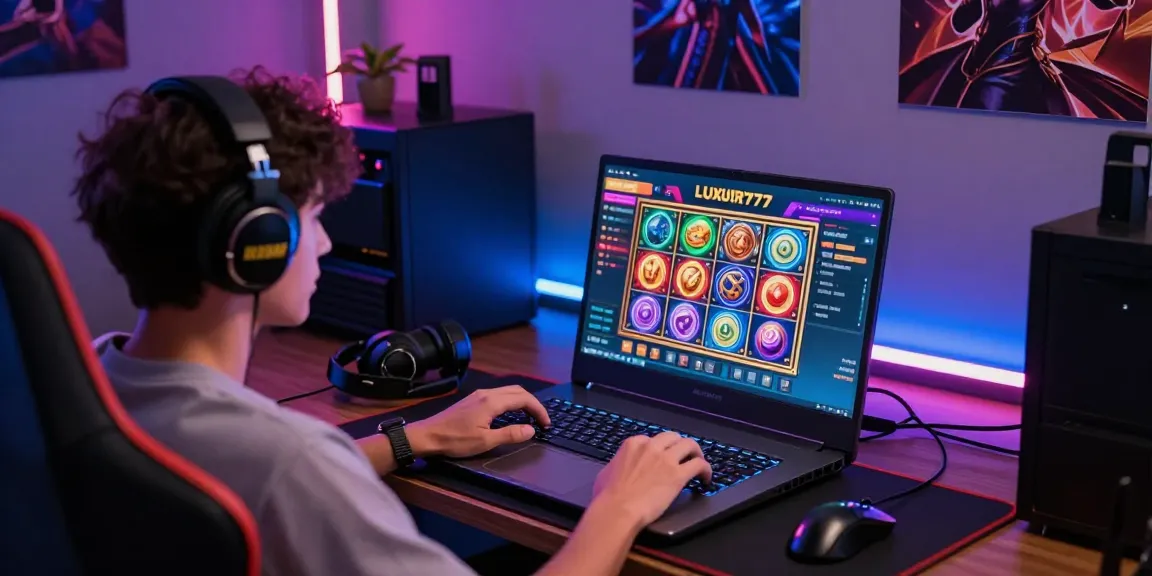 Pengguna sedang login LUXURY777 di laptop modern, kamar gaming terang dengan aksesori dan suasana menyenangkan.