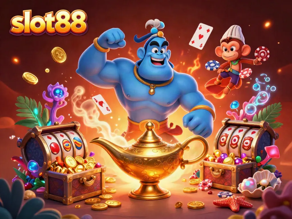 Experience the thrill of slot88 with a vibrant scene of a powerful genie, monkey, and magic carpet.