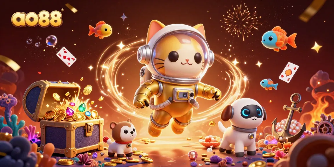 Spin and win with ao88 as a golden astronaut cat explores a dazzling casino galaxy.
