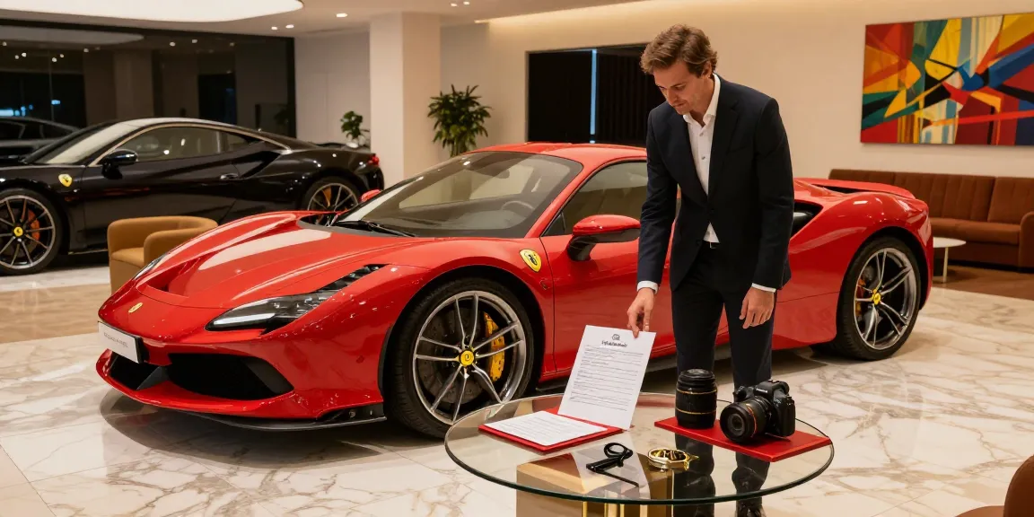 Mobil mewah LUXURY 777 di showroom Dubai, pelanggan mengenakan pakaian rapi sedang mengecek mobil merah yang mengesankan.