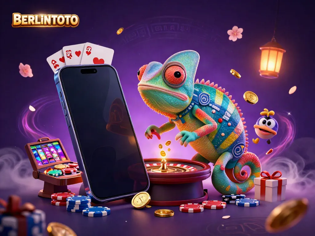 Experience the dynamic world of BERLINTOTO with a vibrant casino scene featuring a colorful chameleon and exciting game elements.