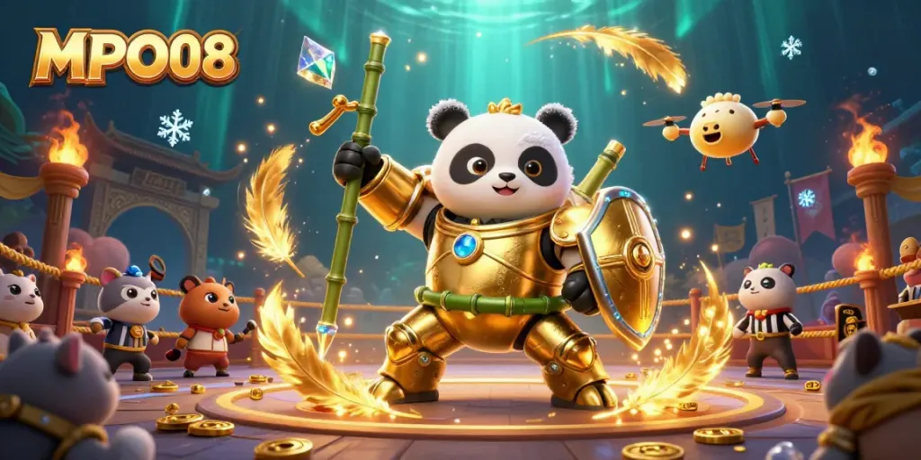 MPO08 engages players in an energetic casino battle with a mech-suit panda and dynamic game elements.