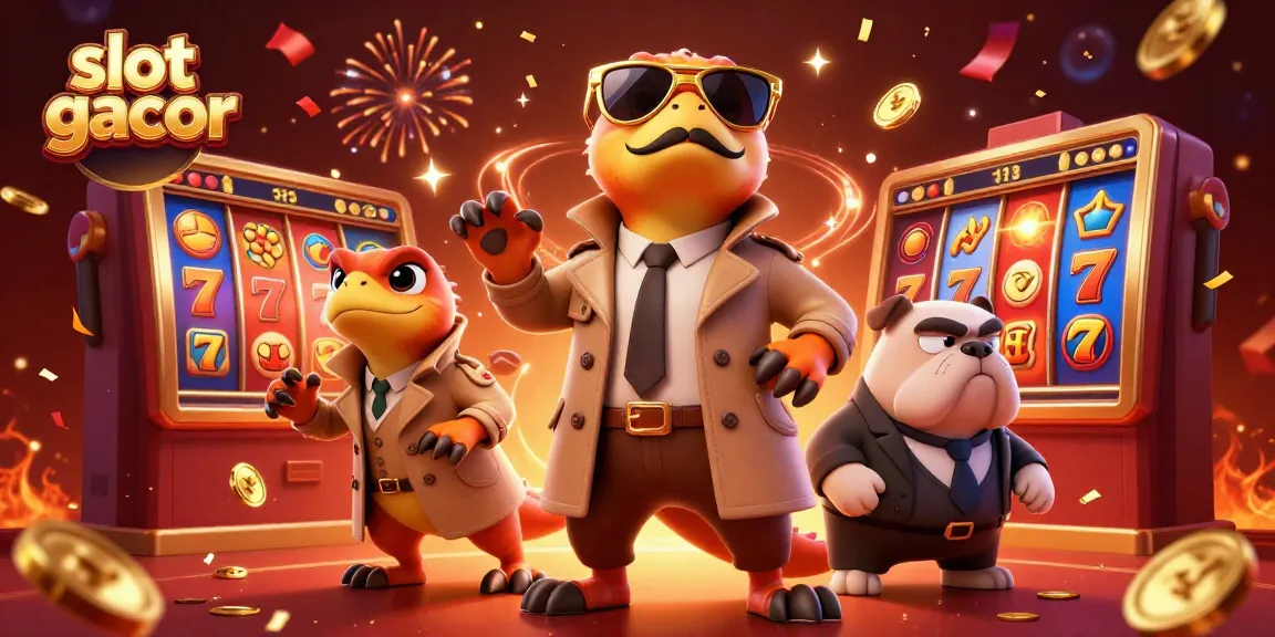 Permainan slot gacor dengan tiga raptor kartun dalam jas memasuki casino, bersemangat penuh energi