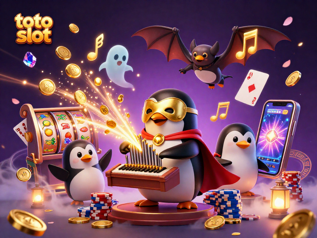 Ilustrasi kasino 3D dengan penguin opera, simbol slot toto yang memukau, dan efek emas.