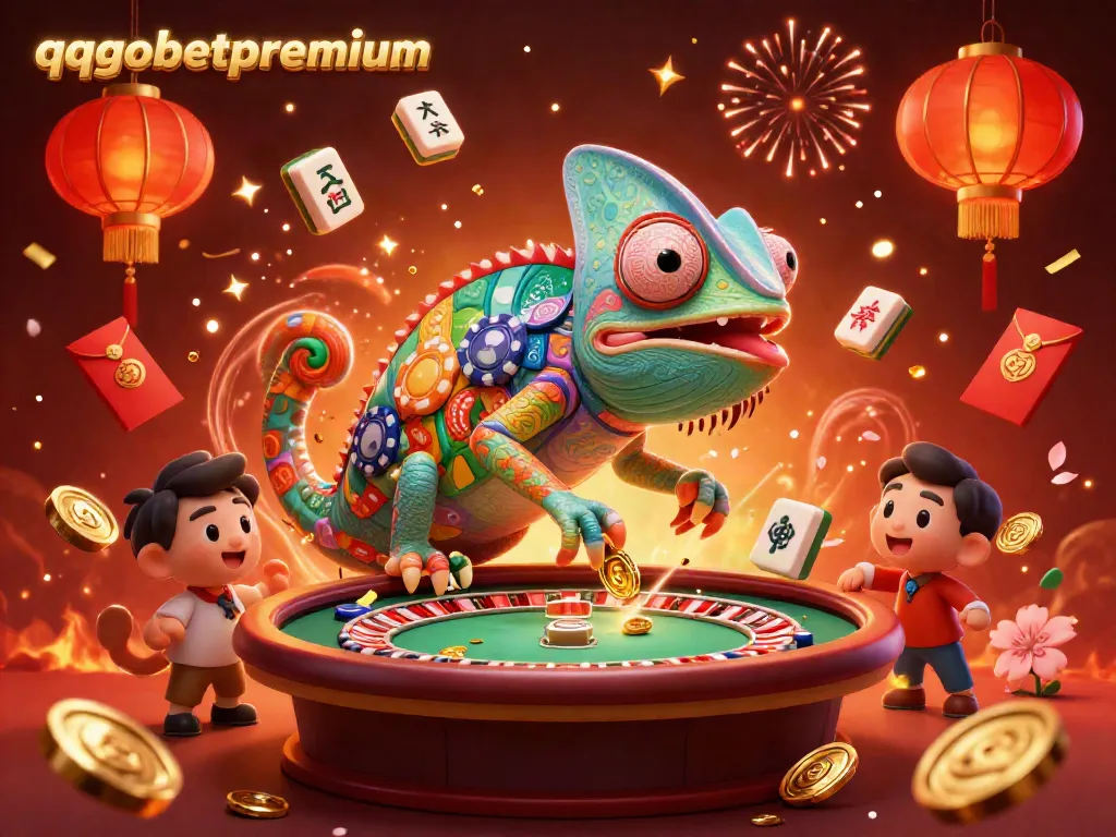Experience the vibrant energy of qqgobetpremium with a charming chameleon casino owner capturing golden coins.