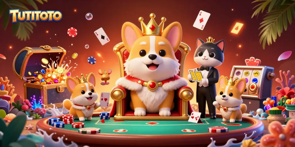 Experience TUTITOTO’s exciting poker scene with a royal corgi icon and vibrant casino elements.